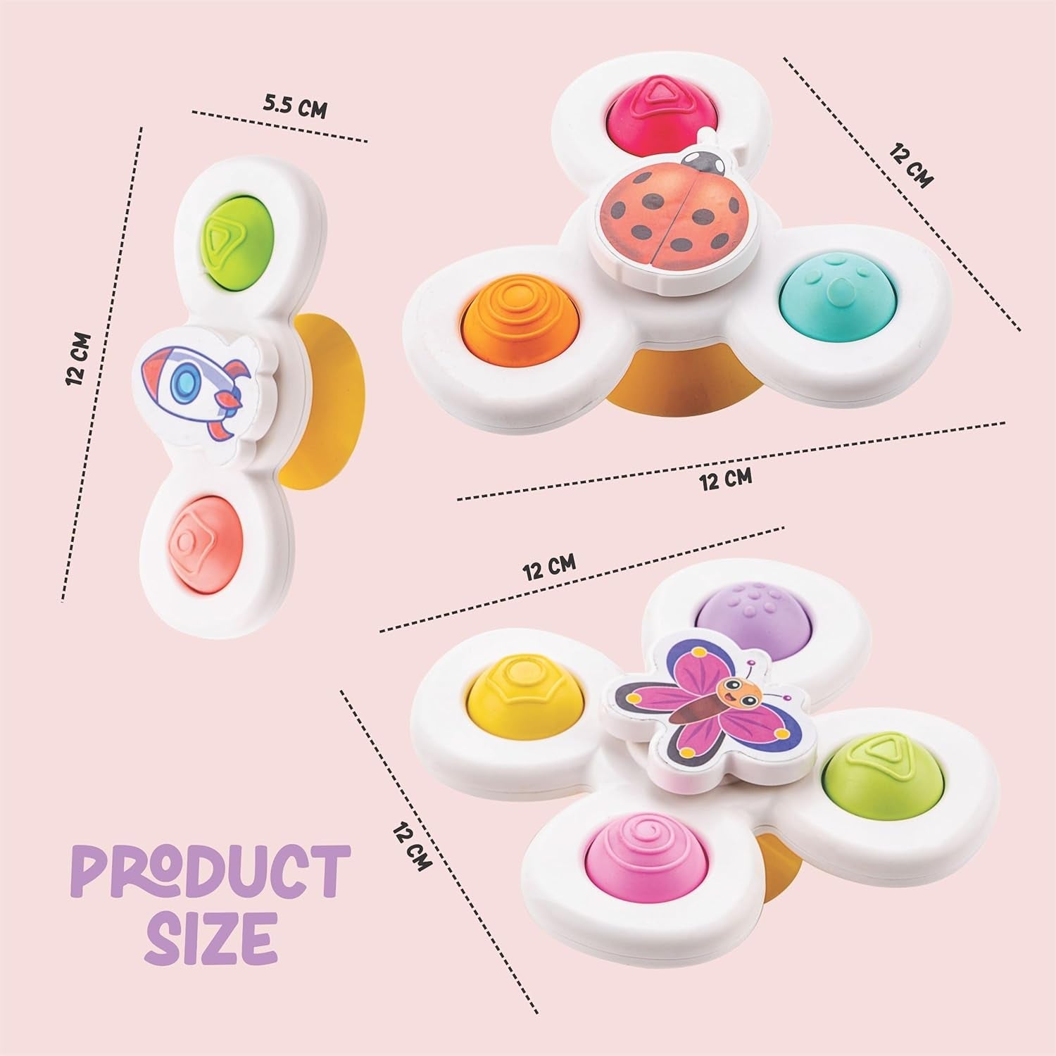 Dimensions chart showing size details of white baby spinner toy set