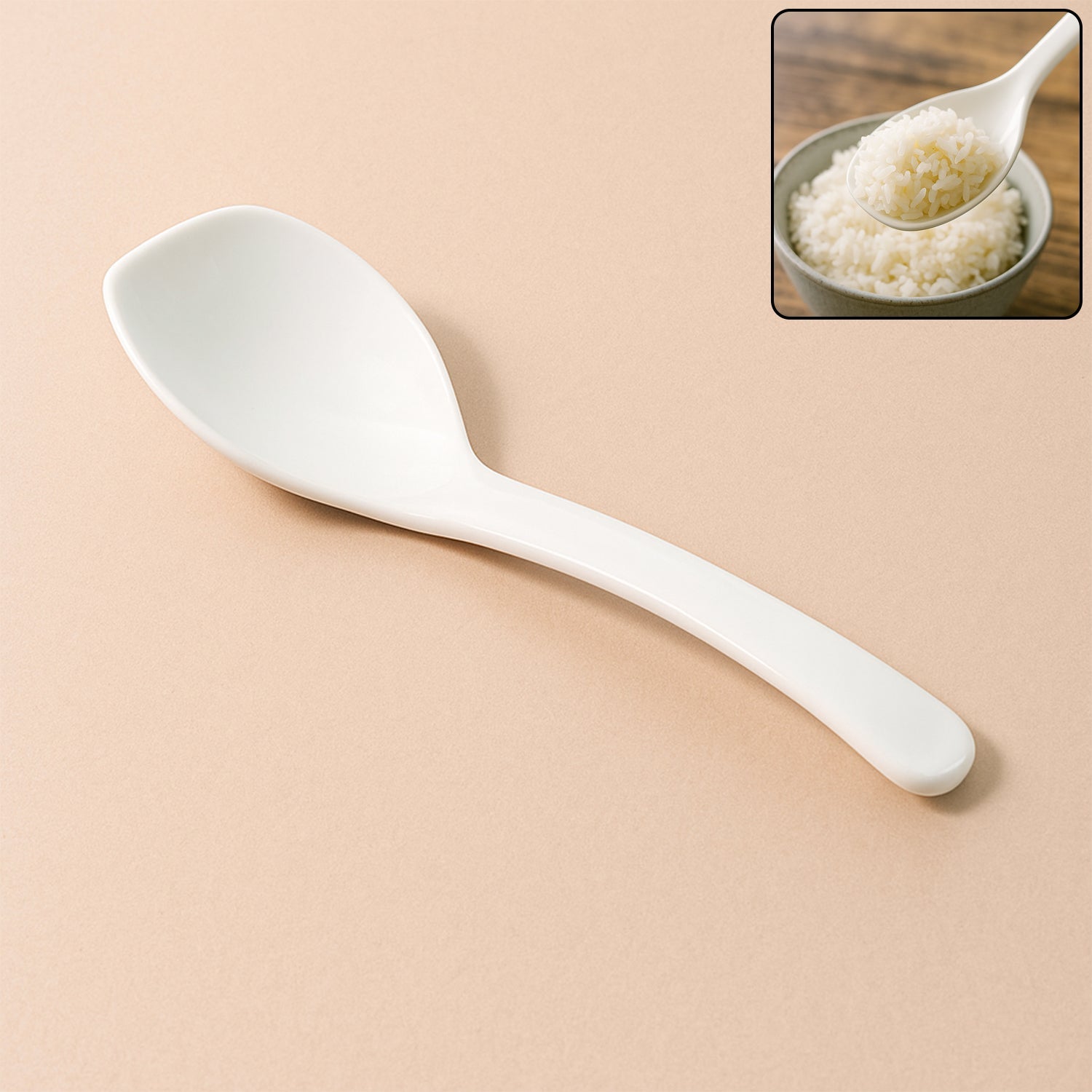 White rice serving spoon with ergonomic handle and non-stick design