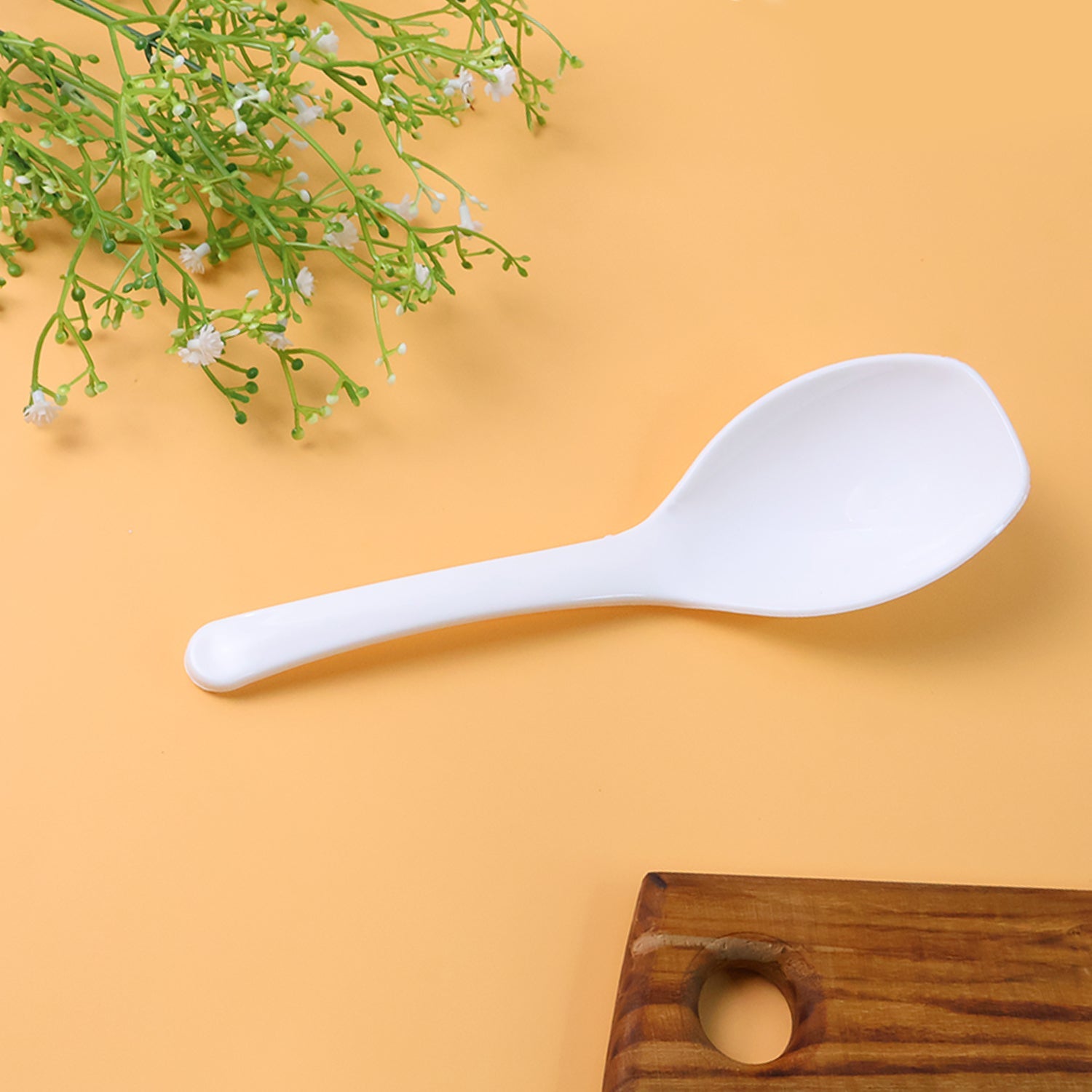 Close-up of ergonomic handle on rice serving spoon