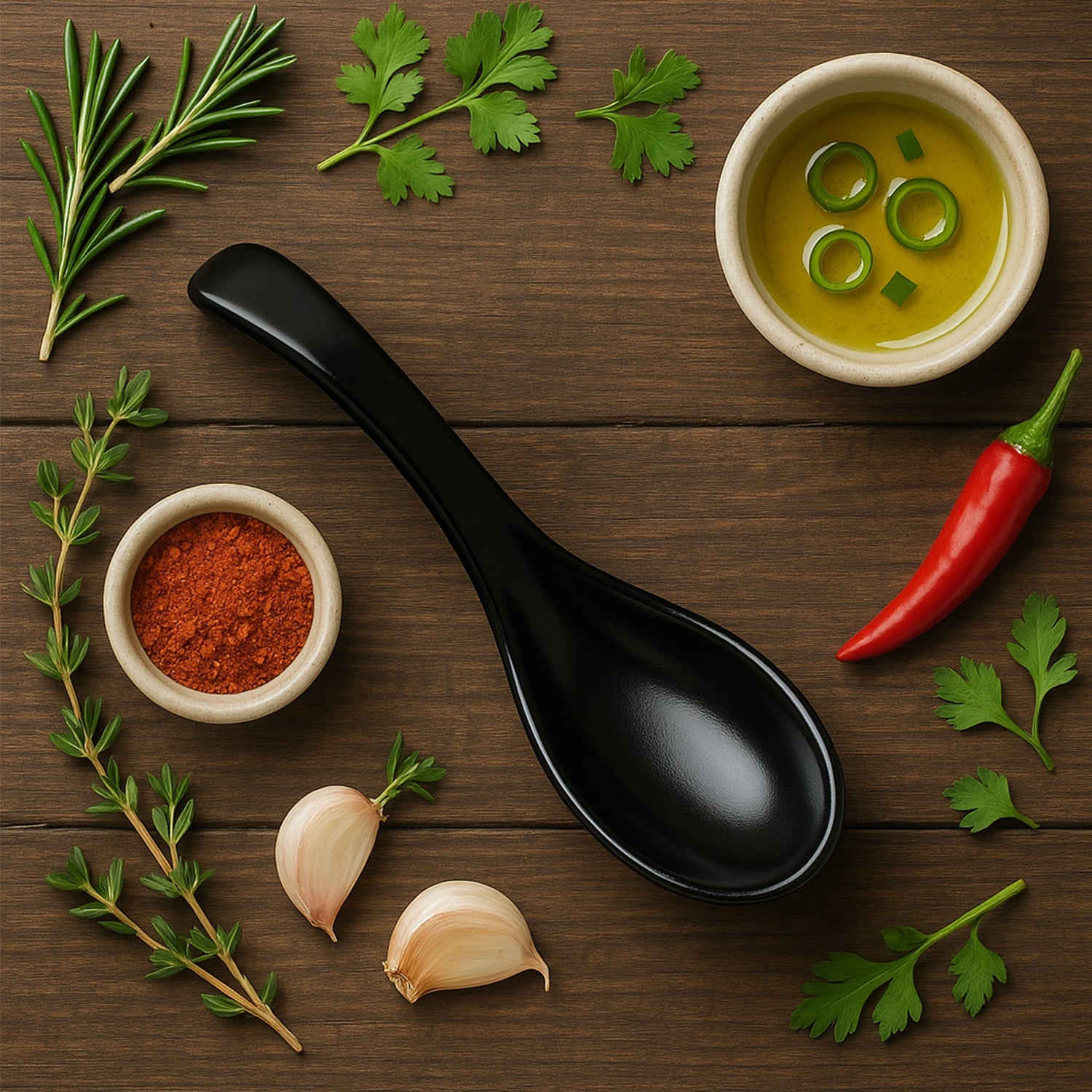 Close-up of deep bowl on black plastic soup spoon built for soups