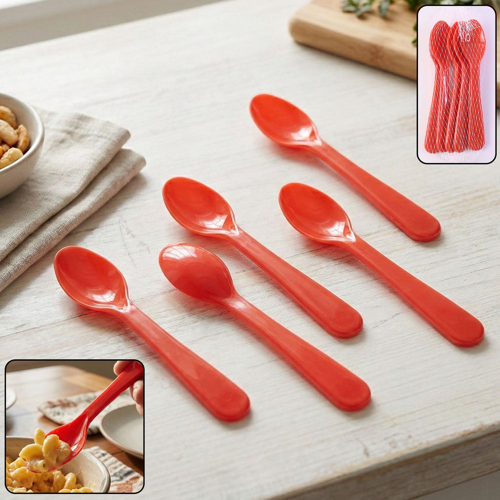 A complete 5-piece heat-resistant plastic spoon set from Serve Stellar, neatly arranged.