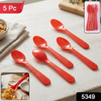The 5-piece plastic spoon set shown in its transparent retail packaging with product details.