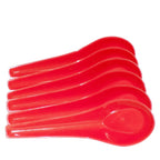 Close-up of a single soup spoon, bowl, and saucer, emphasizing the food-grade plastic material.
