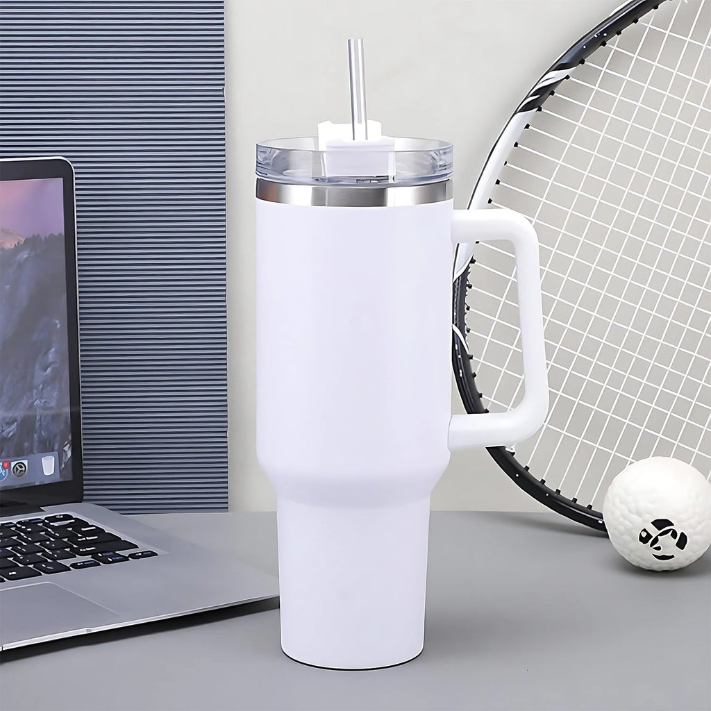 Side view of insulated stainless steel travel tumbler with straw lid