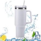 Top view of white travel tumbler showing spill-resistant lid with straw