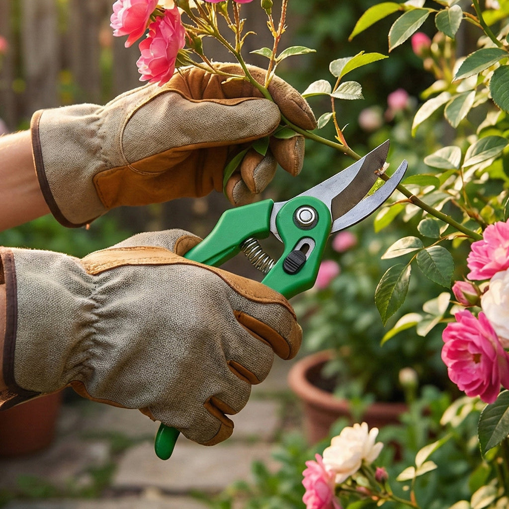 Close-up view of the rust-resistant stainless steel blades of Cisora garden pruners.