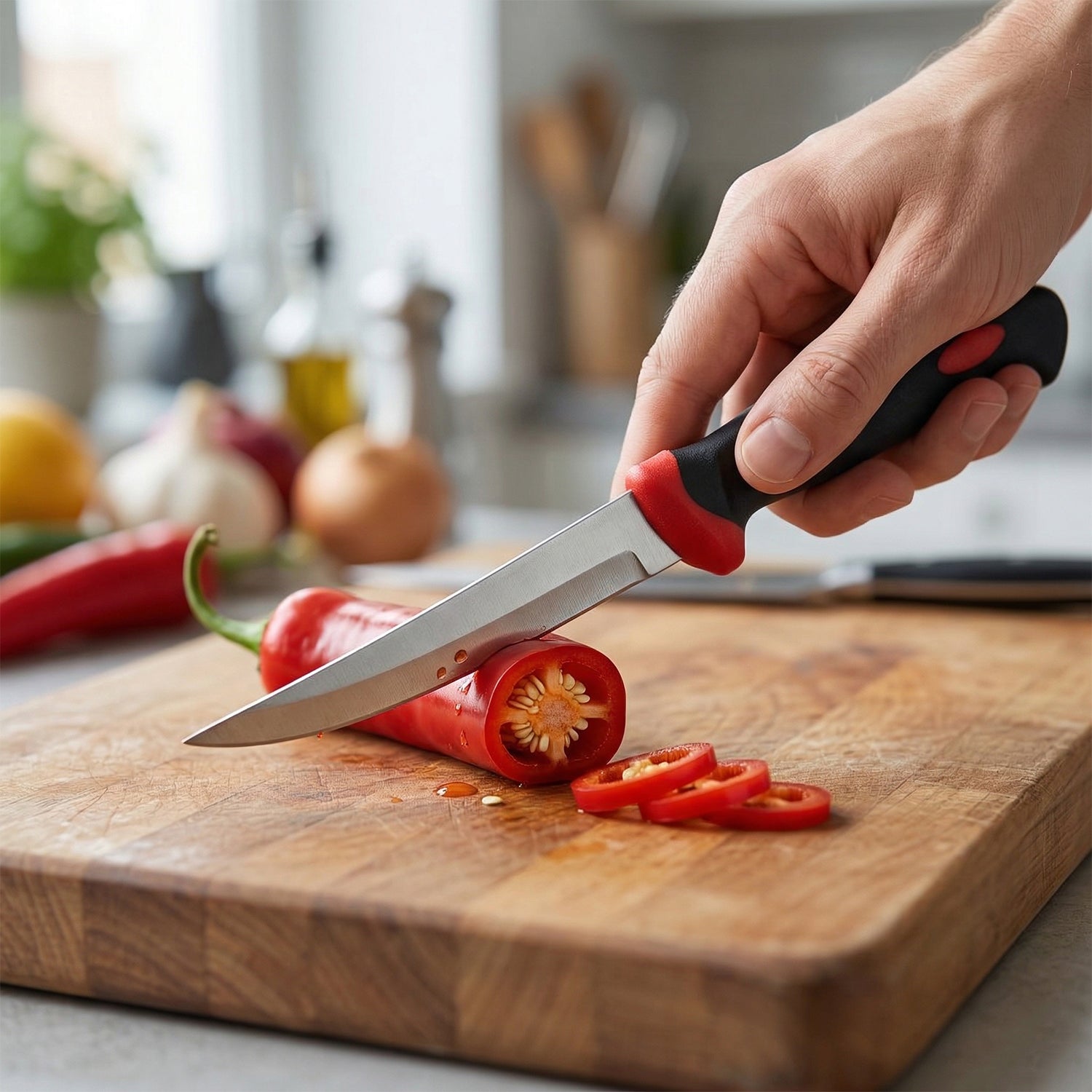 Utility knife for kitchen food preparation, ergonomic handle design