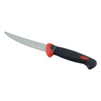Sharp stainless steel kitchen utility knife in use for slicing
