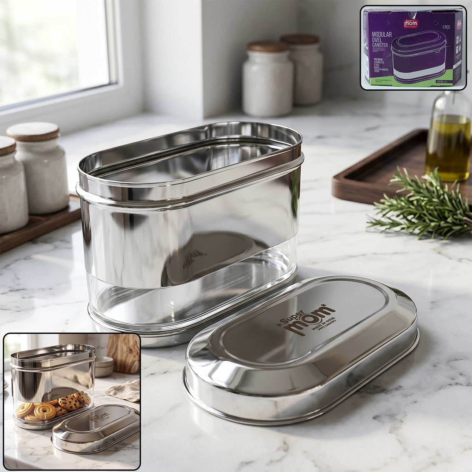 Supermom stainless steel oval canister 1500 ML with transparent window and airtight lid