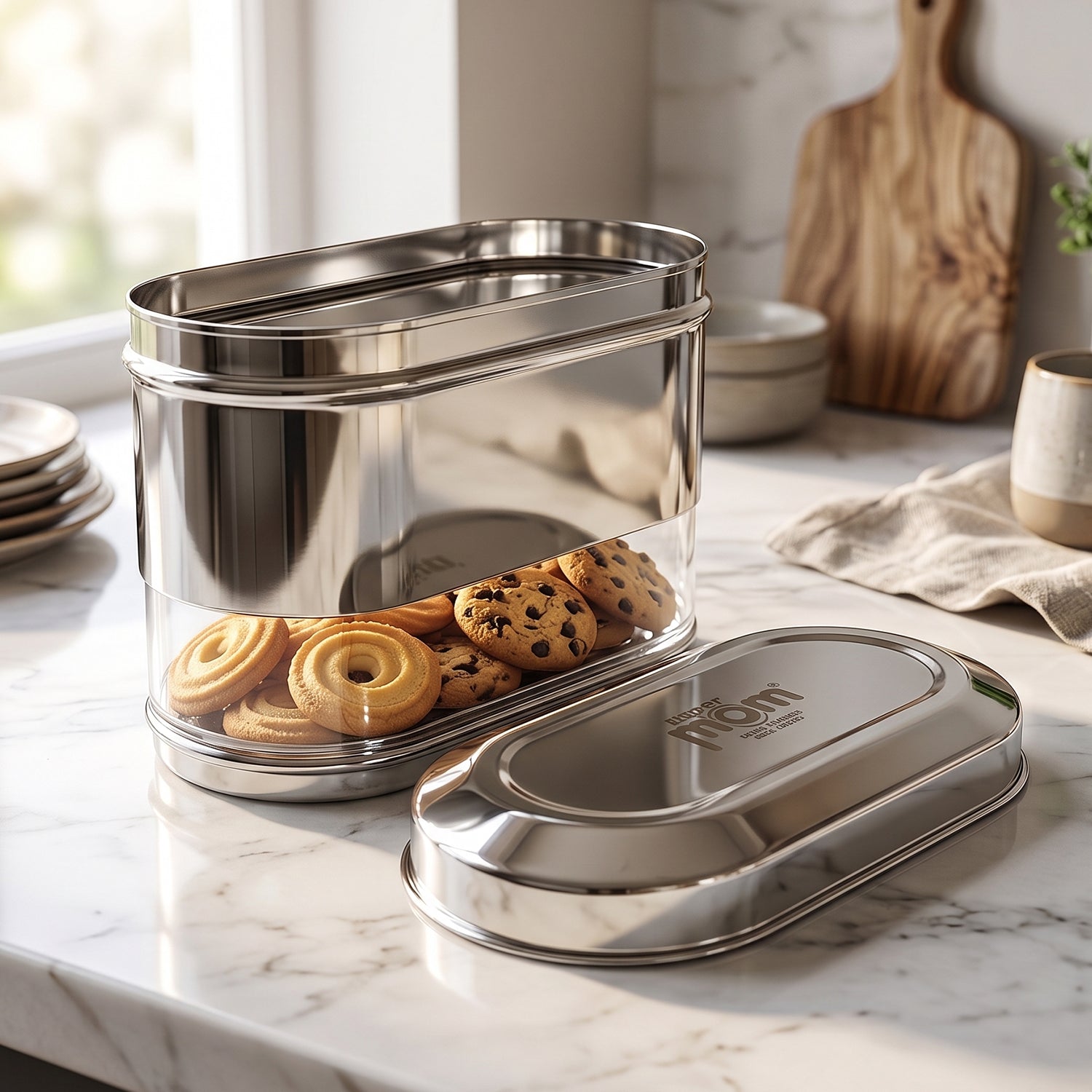 Oval stainless steel food storage canister with airtight lid