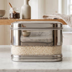 Side view of stainless steel modular oval canister in kitchen