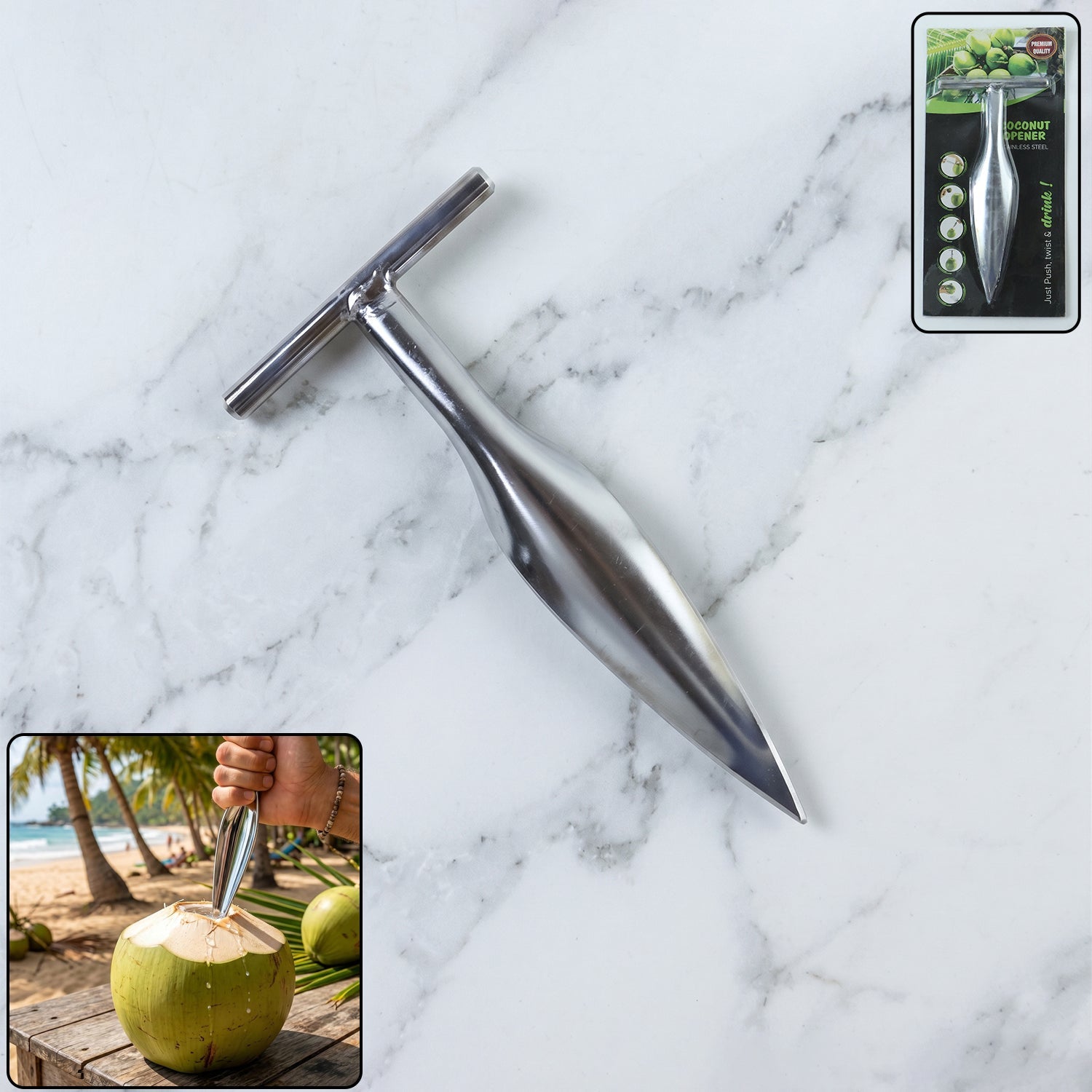 Stainless steel coconut breaker tool with ergonomic T-handle grip