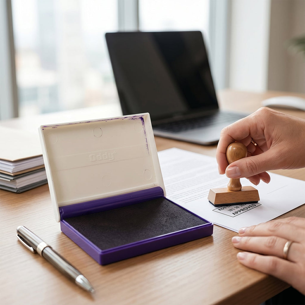 Side view of an Oddy ink stamp pad, showcasing its smooth design for consistent use.