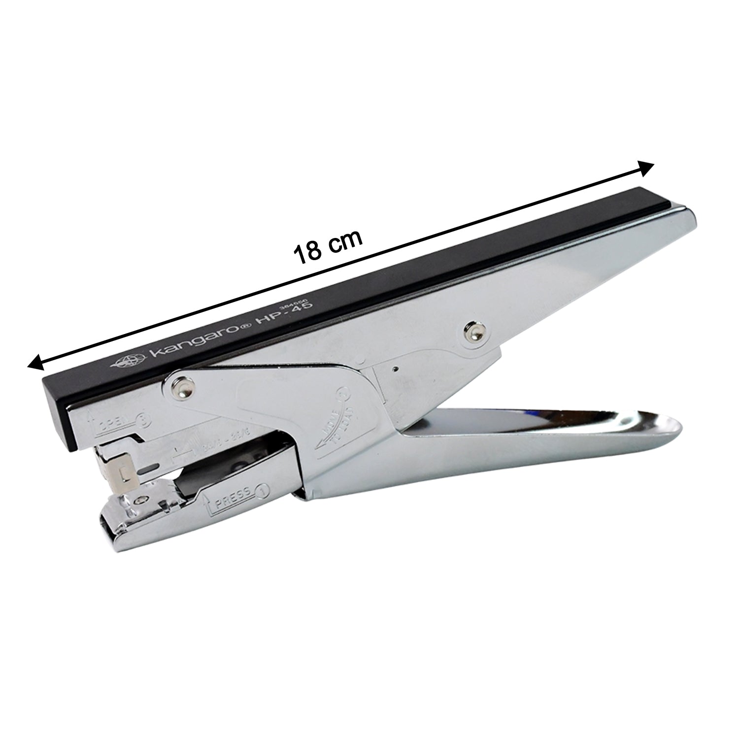 Metal plier stapler side view showing ergonomic grip
