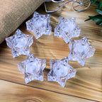 Close-up of star-shaped holders with battery operated LED candles