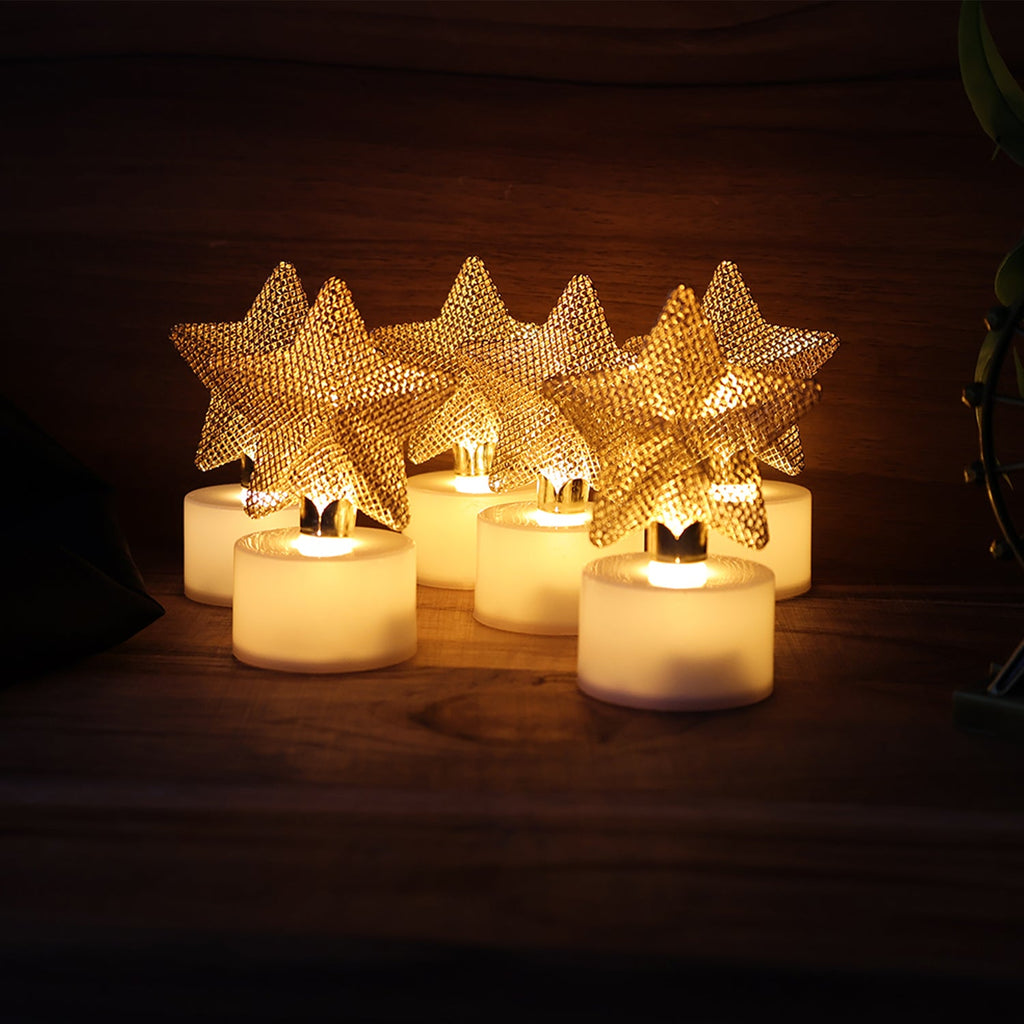 Single flameless LED star candle featuring golden star detail for decor