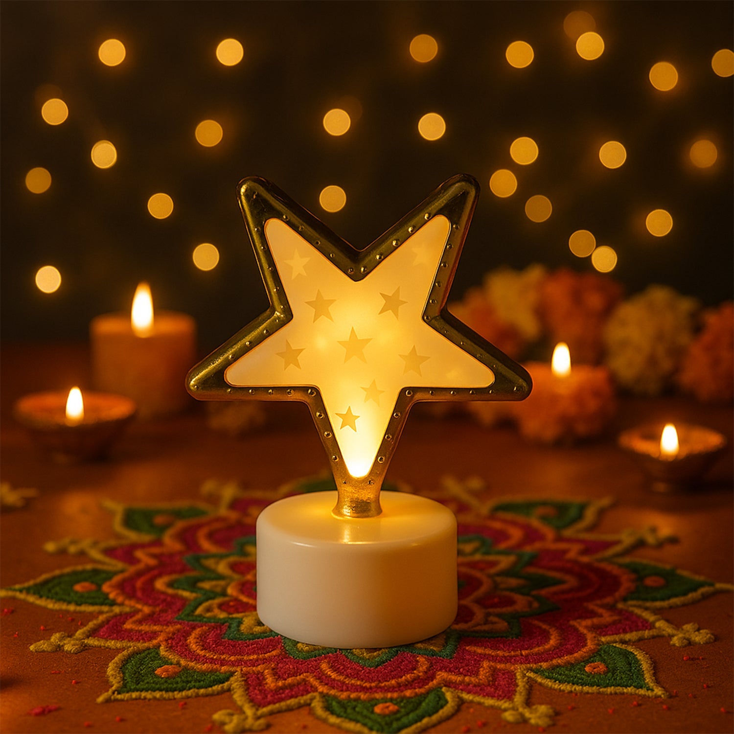 Set of four Star Shaped Flameless LED Candles glowing warmly on a dark surface.