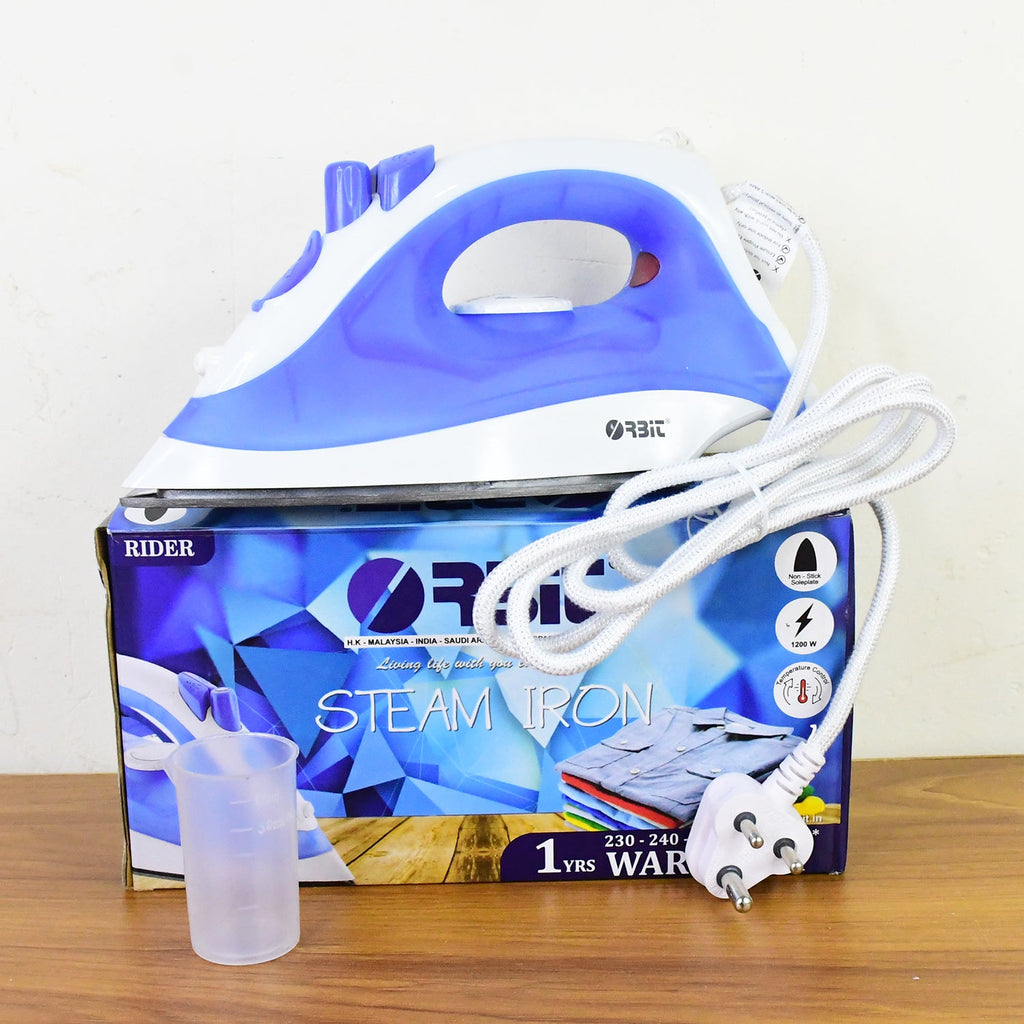 Orbit steam iron in use removing wrinkles from a shirt