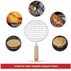 Side profile of the stainless steel Papad Jali Roaster with its ergonomic wooden handle.