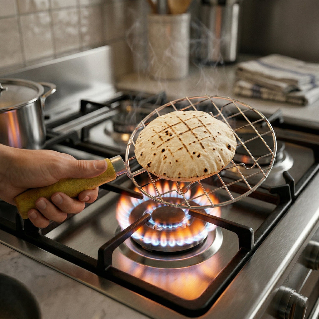 Round stainless steel Papad Jali Roaster resting on a kitchen counter surface.