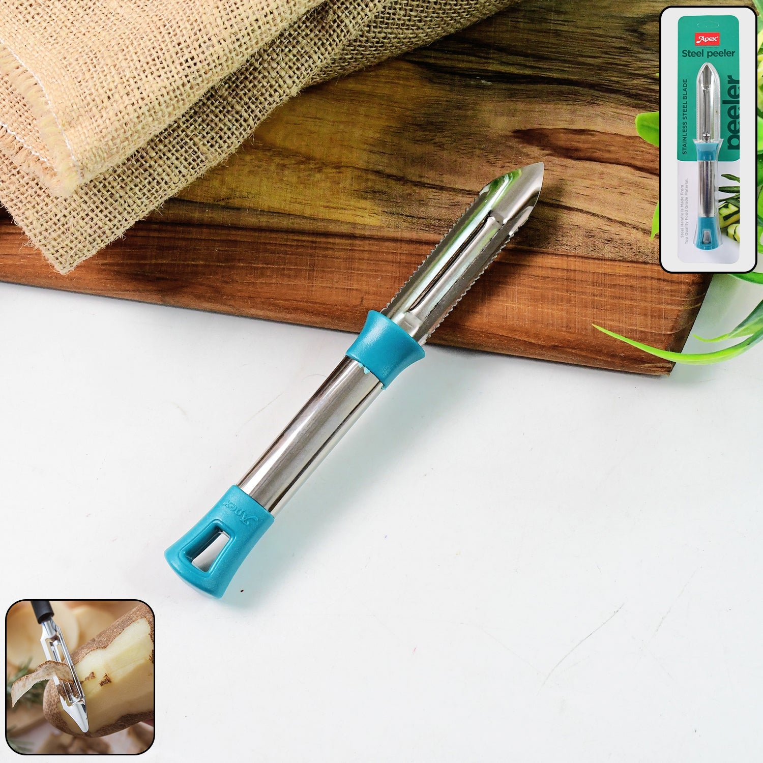 Apex stainless steel vegetable peeler with ergonomic handle on kitchen counter