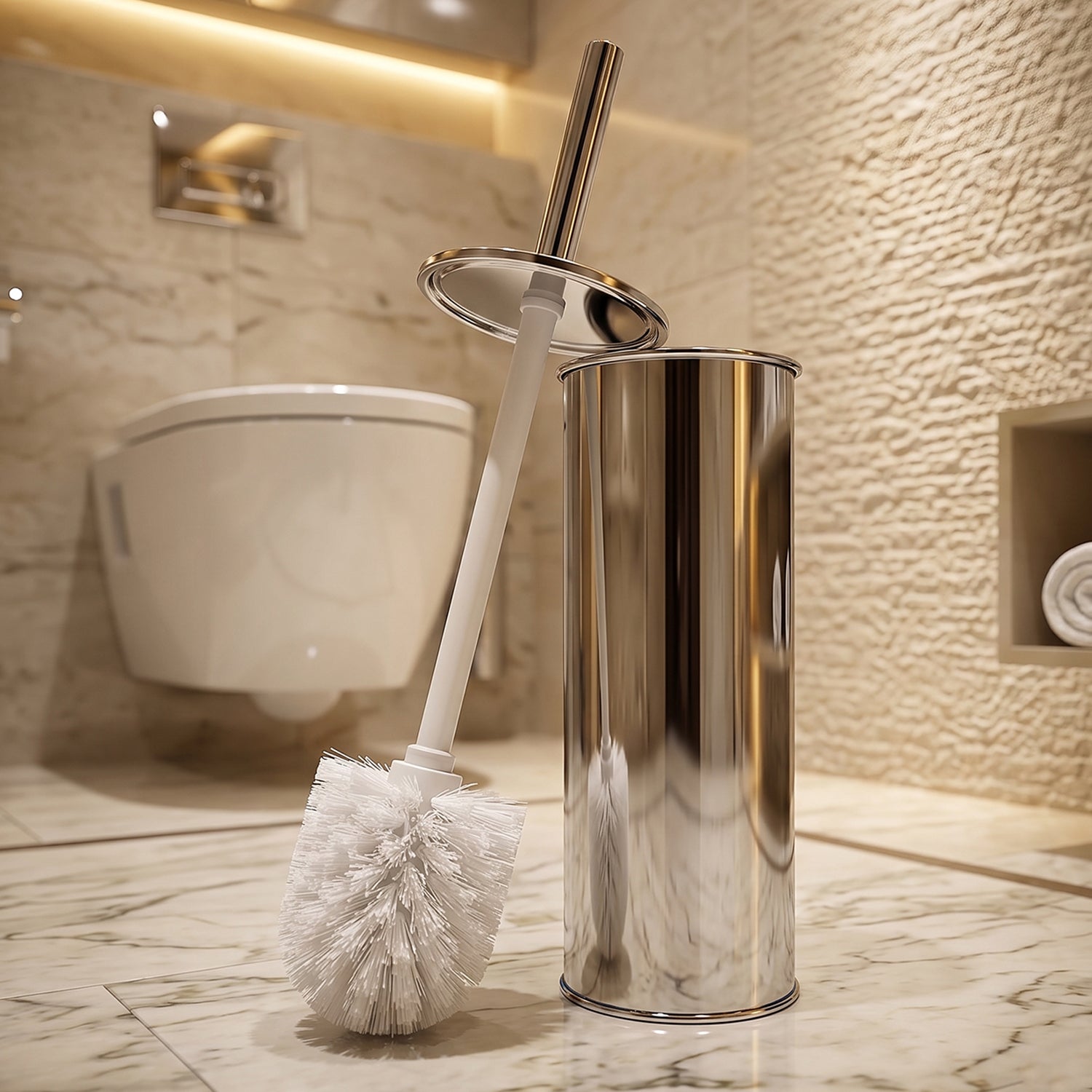 Toilet brush and holder set in a modern bathroom setting