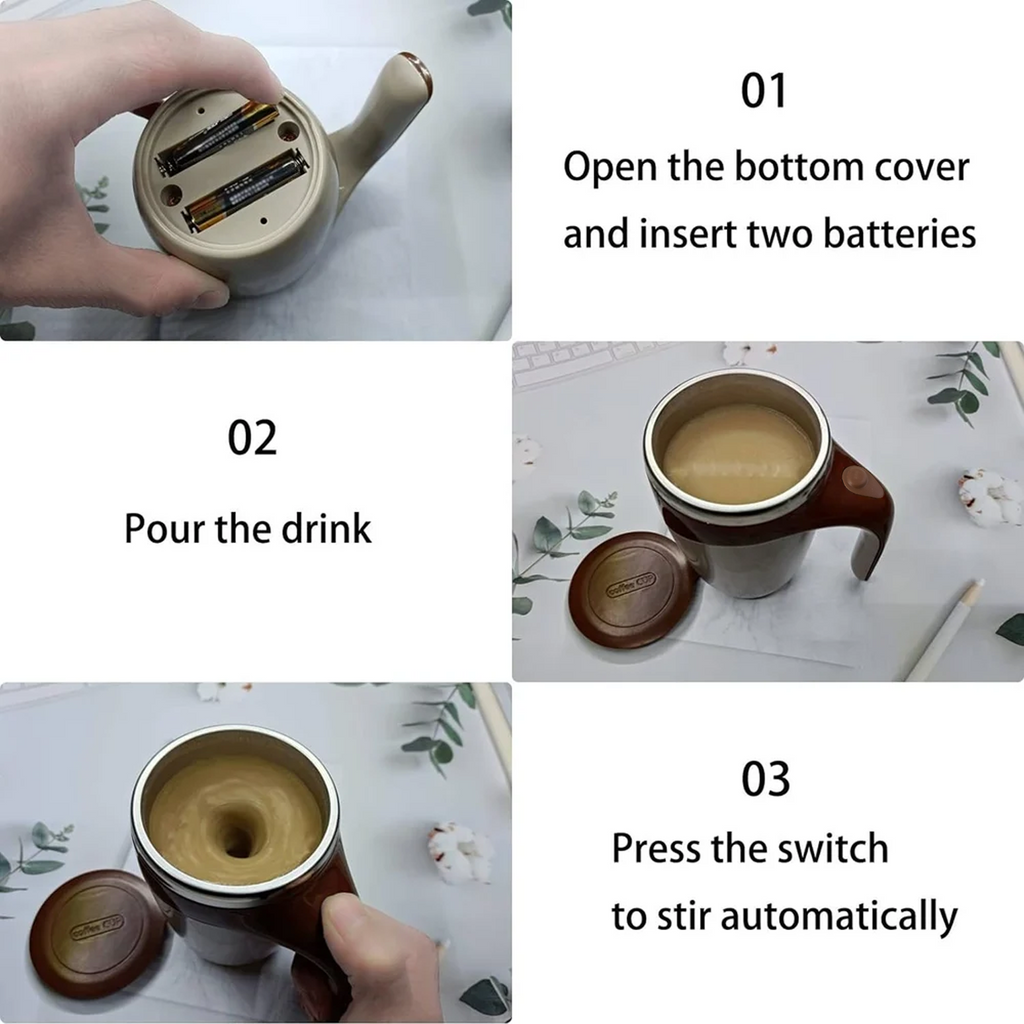 Side profile of the ergonomic and portable self-stirring coffee mug, ideal for travel.