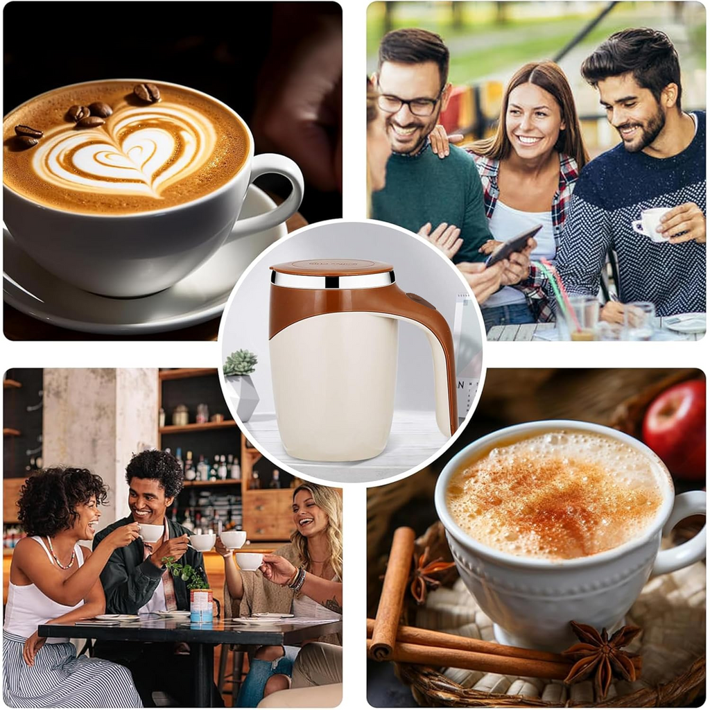 The self-stirring coffee mug with its secure lid closed, ready for on-the-go use.