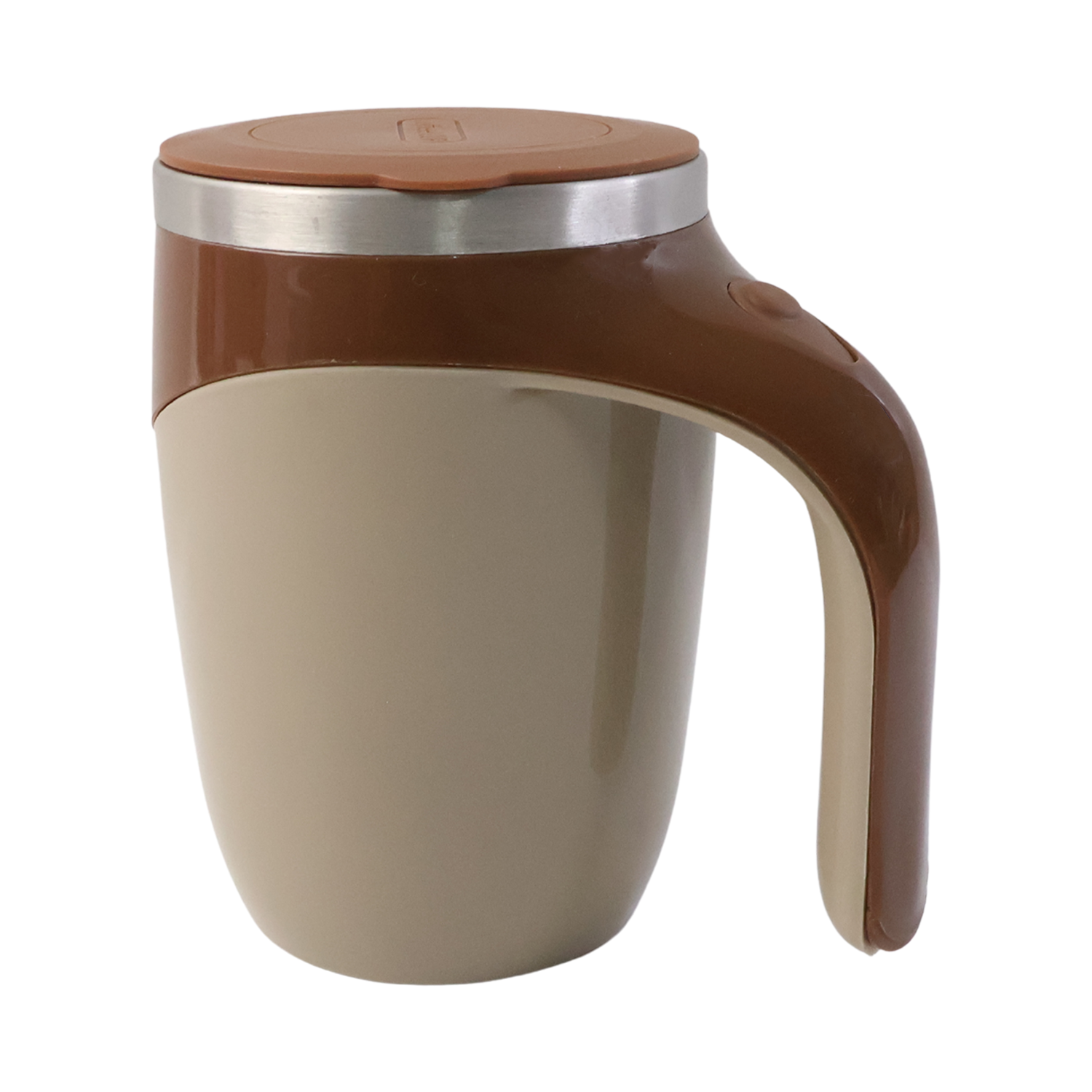 Front view of the self-stirring coffee mug, showcasing its simple one-touch power button.