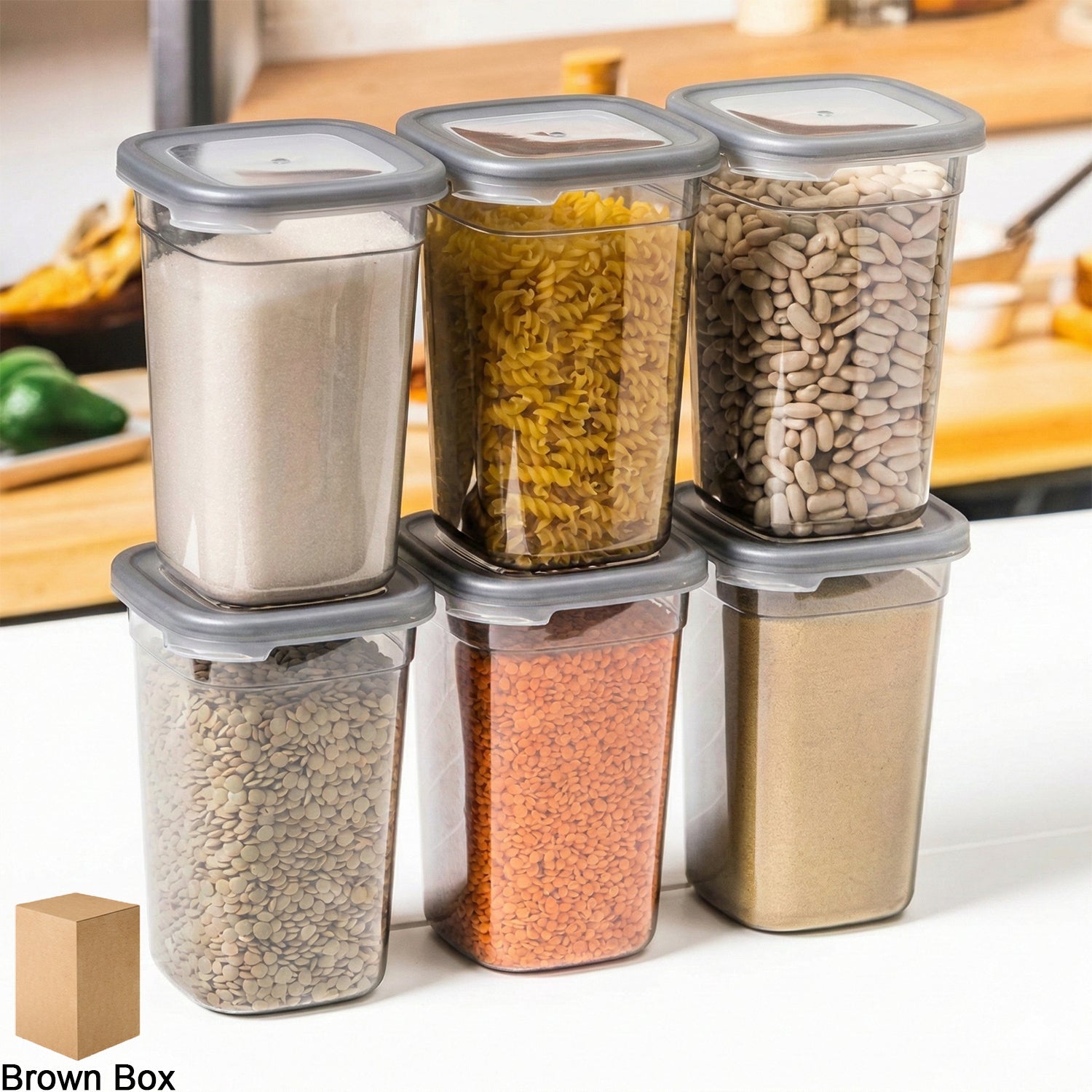 Set of six plastic kitchen storage containers with airtight lids
