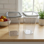 Multiple plastic kitchen containers stacked for compact storage