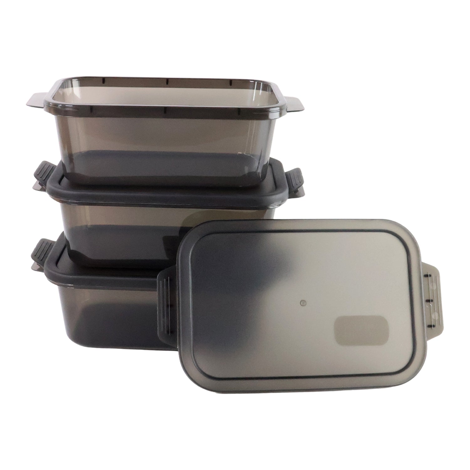 Three rectangular food storage boxes neatly stacked for efficient kitchen space.