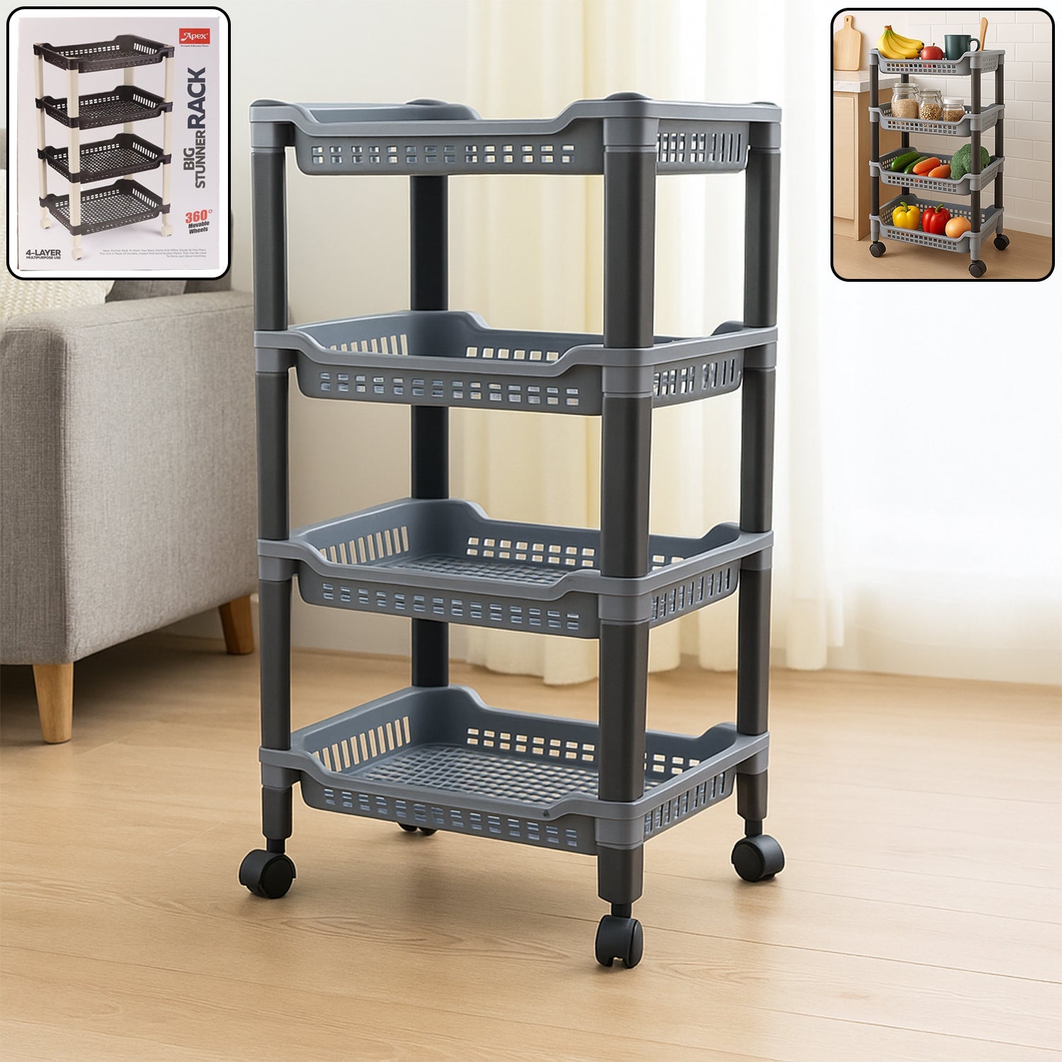 Apex 4-layer plastic storage rack with ventilated baskets ideal for fresh fruit storage
