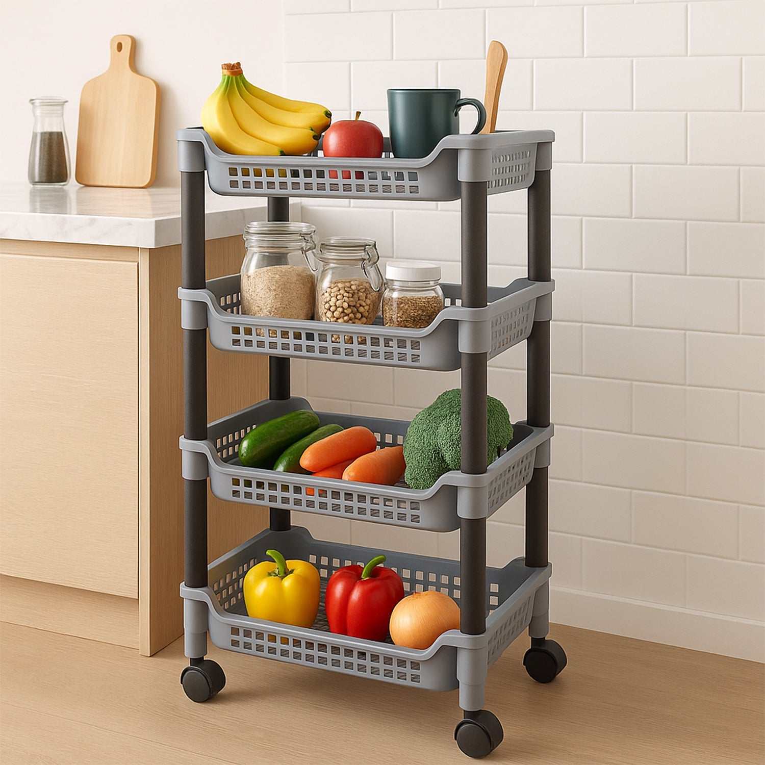 Angled view of Apex 4-layer plastic storage rack showing basket ventilation