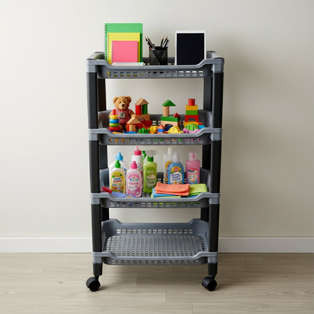 Side view of Apex plastic storage rack highlighting compact, sturdy design