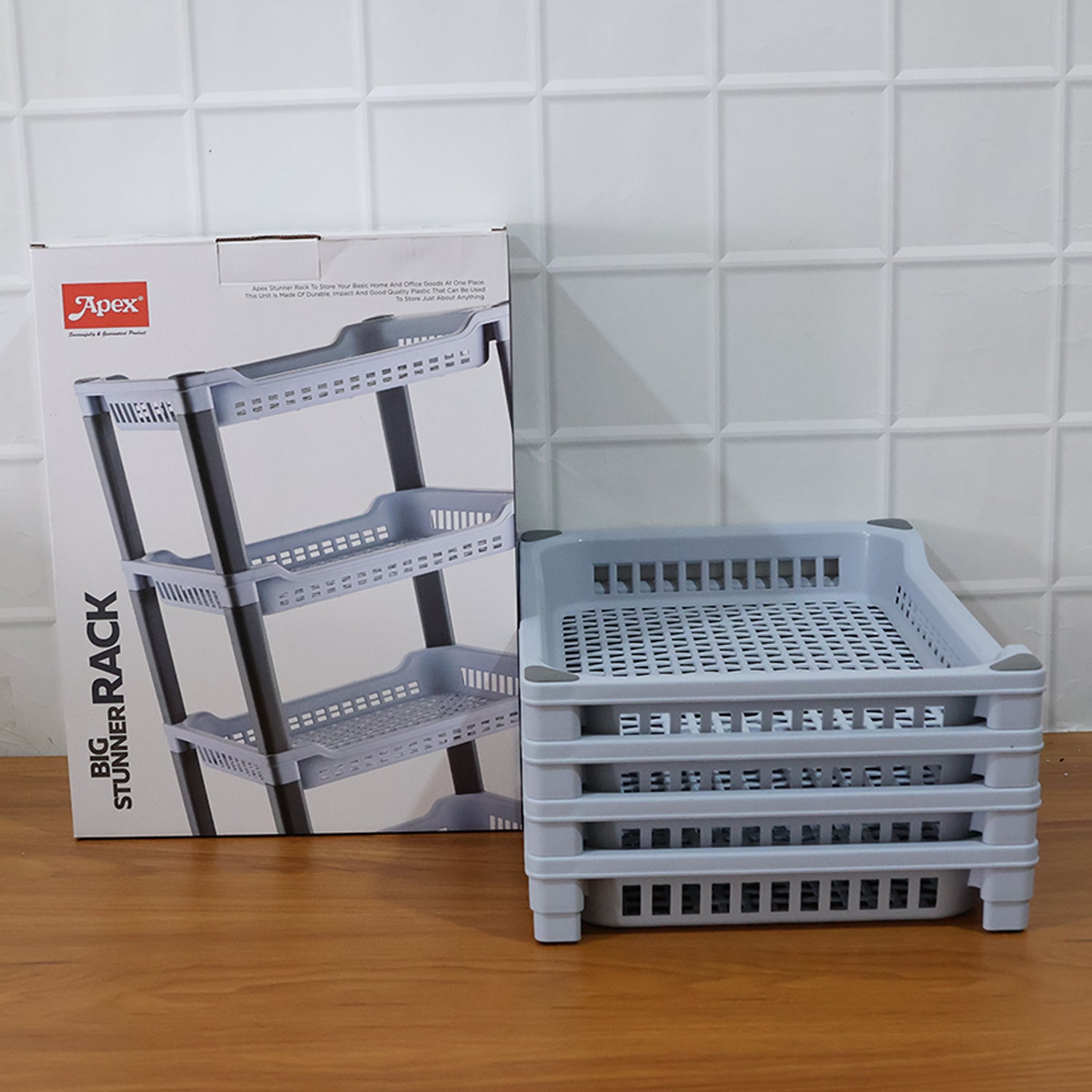 Compact Apex 4-layer plastic storage rack placed in a modern kitchen environment