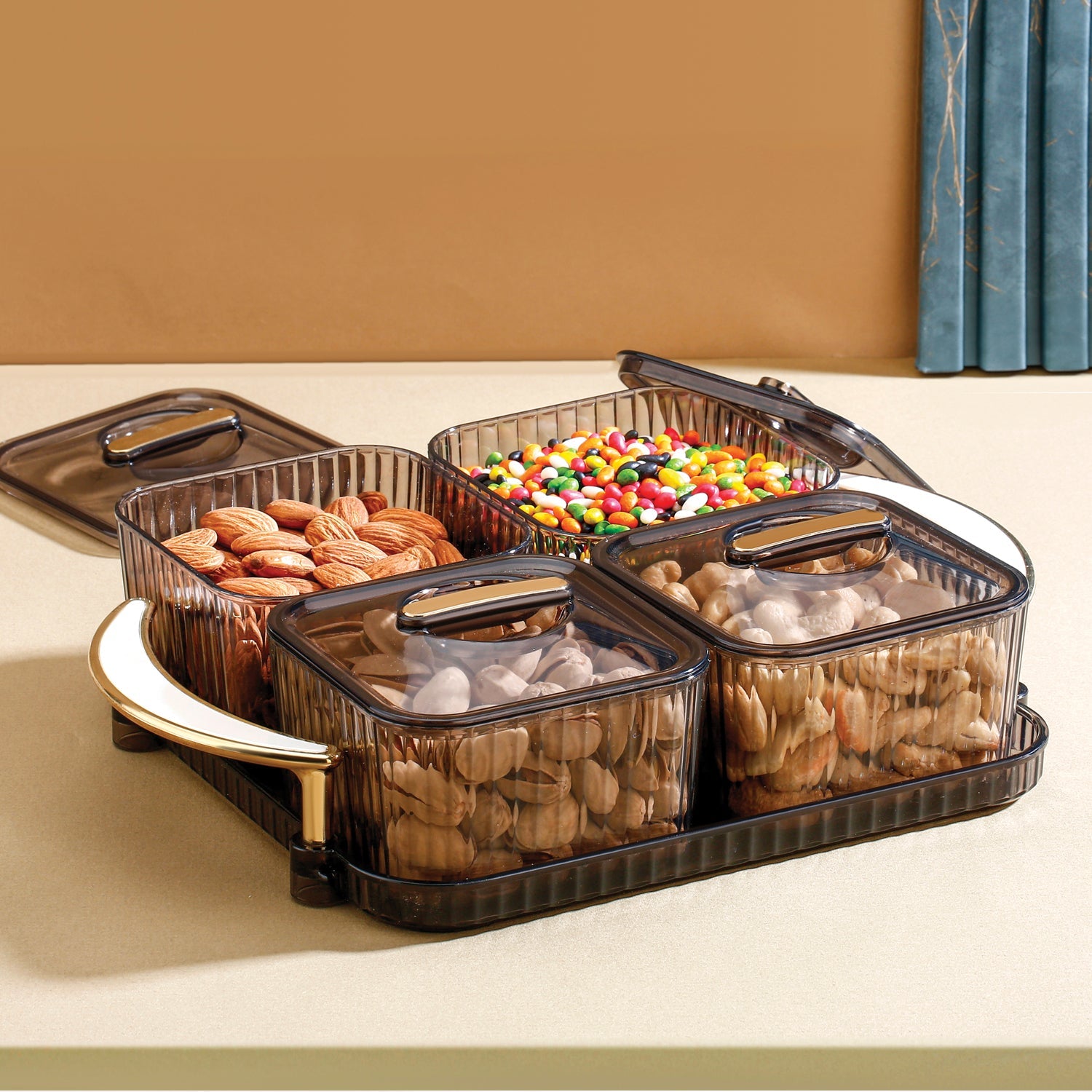 Luxury 4-piece dryfruit storage box with ribbed containers and golden handle tray
