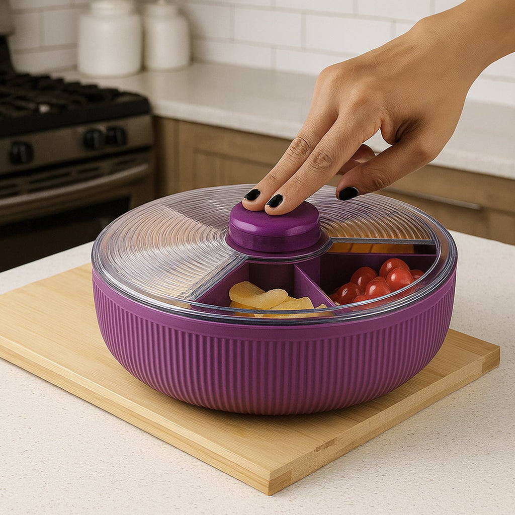 Top view of Supermom rotating dry fruit storage container showing multiple compartments
