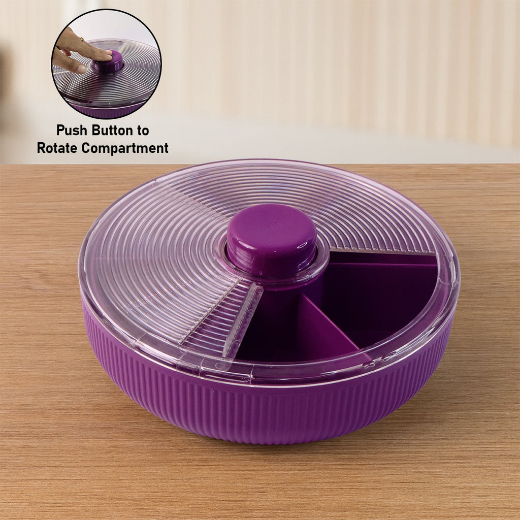 Organized compartments inside rotating dry fruit container for chocolates and nuts