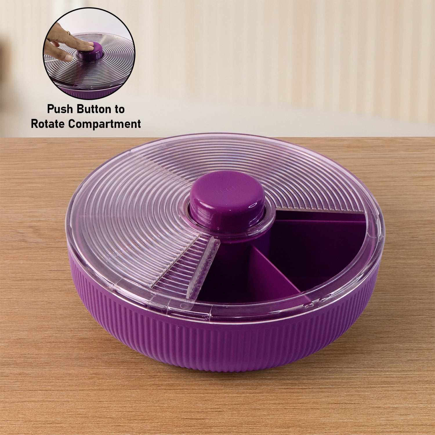 Organized compartments inside rotating dry fruit container for chocolates and nuts