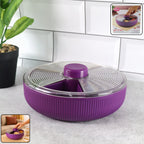 Purple rotating dry fruit storage container with multiple compartments and dust-proof lid