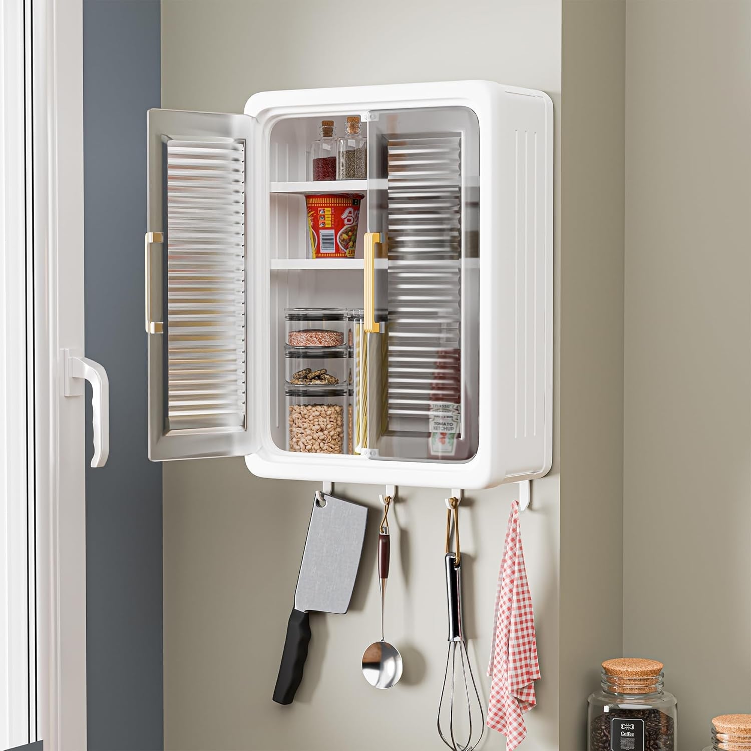 Empty sliding door wall-mounted kitchen cabinet attached to wall