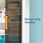 Kitchen cabinet with hooks holding utensils and towels