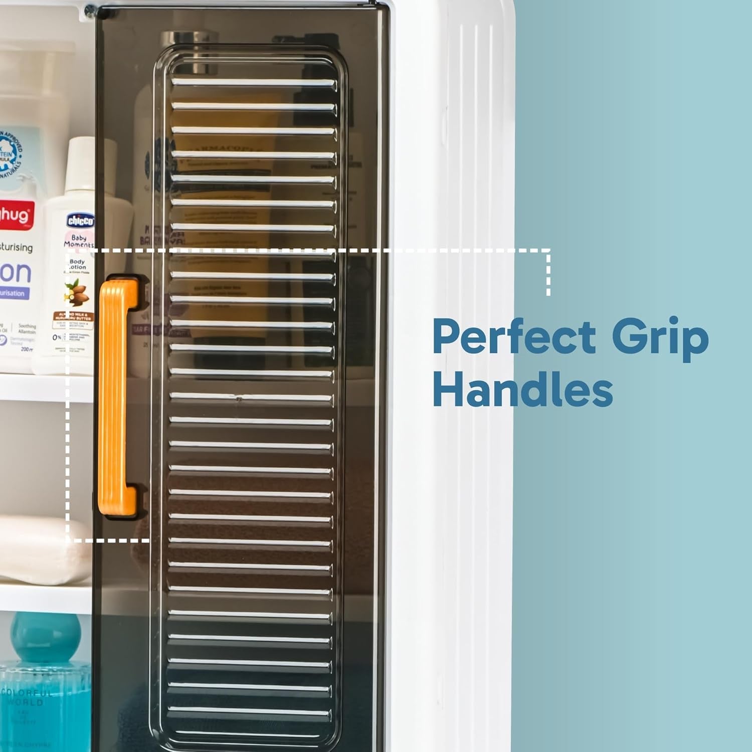Kitchen cabinet with hooks holding utensils and towels