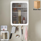 Large wall-mounted kitchen cabinet with transparent sliding doors and hooks