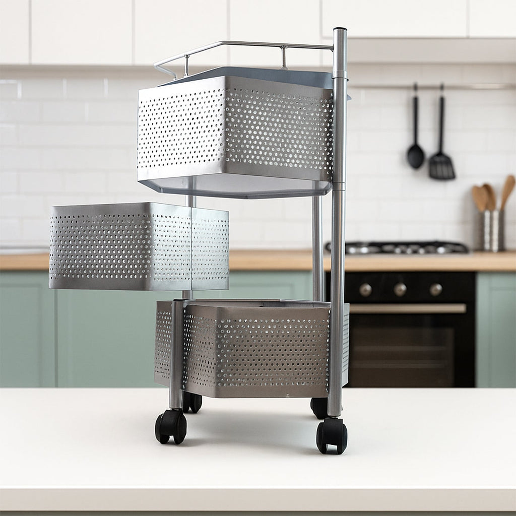 Multipurpose metal kitchen storage trolley showing detailed basket design