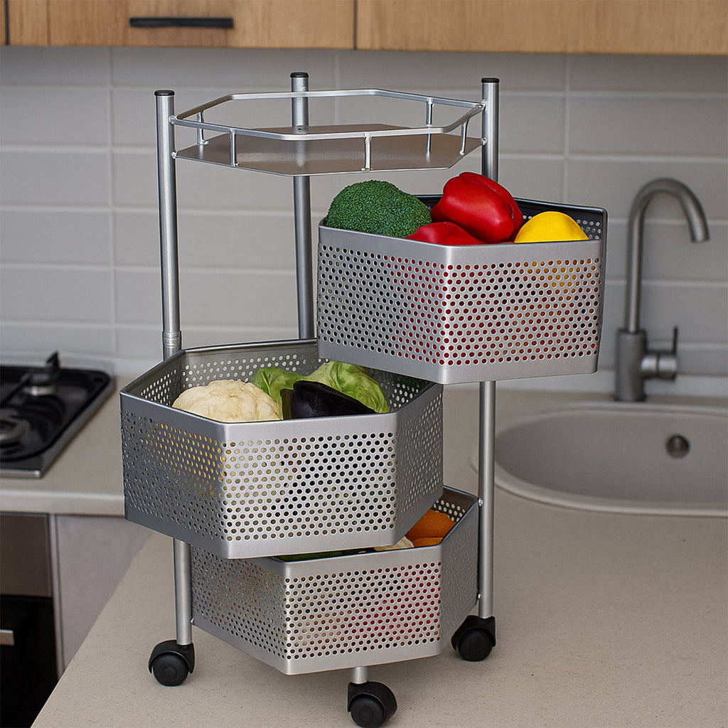 Kitchen trolley rack with ventilated hexagon baskets for organizing vegetables and fruits