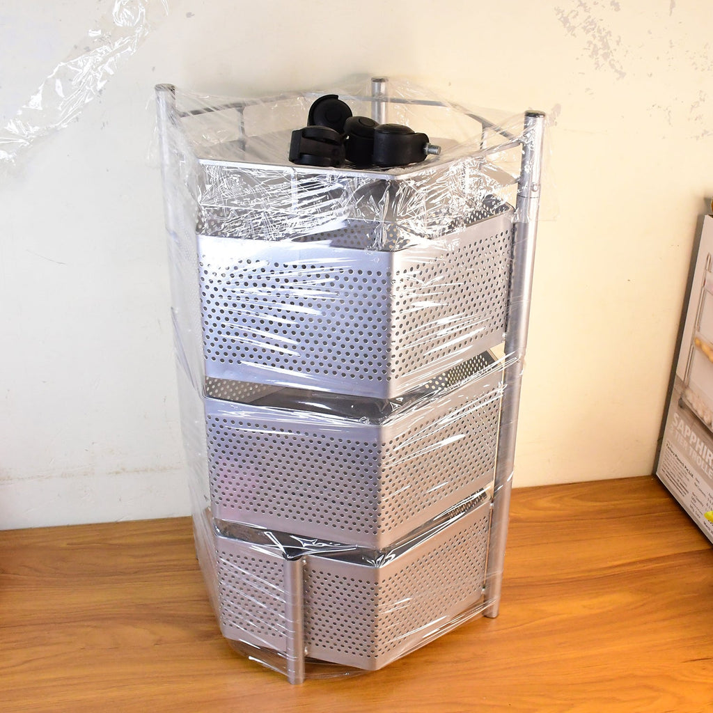 Live image of kitchen trolley featuring 3-tier hexagon baskets and caster wheels