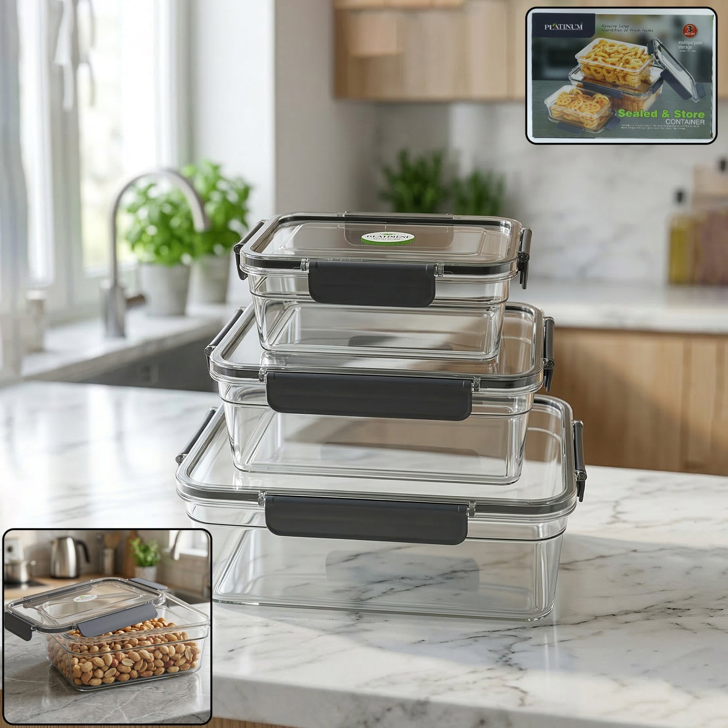 Airtight container set with locking lids for kitchen storage