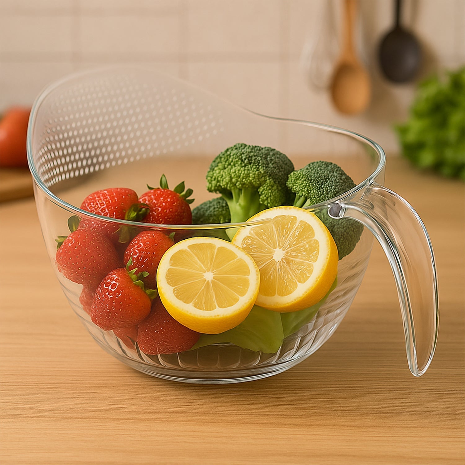 Durable transparent plastic mixing bowl with sturdy handle